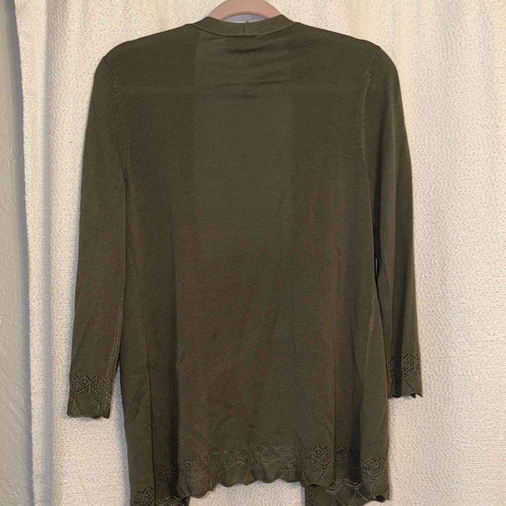 LOFT Olive Green Open-Front Lightweight Cardigan with Lace Trim - Picture 6 of 7